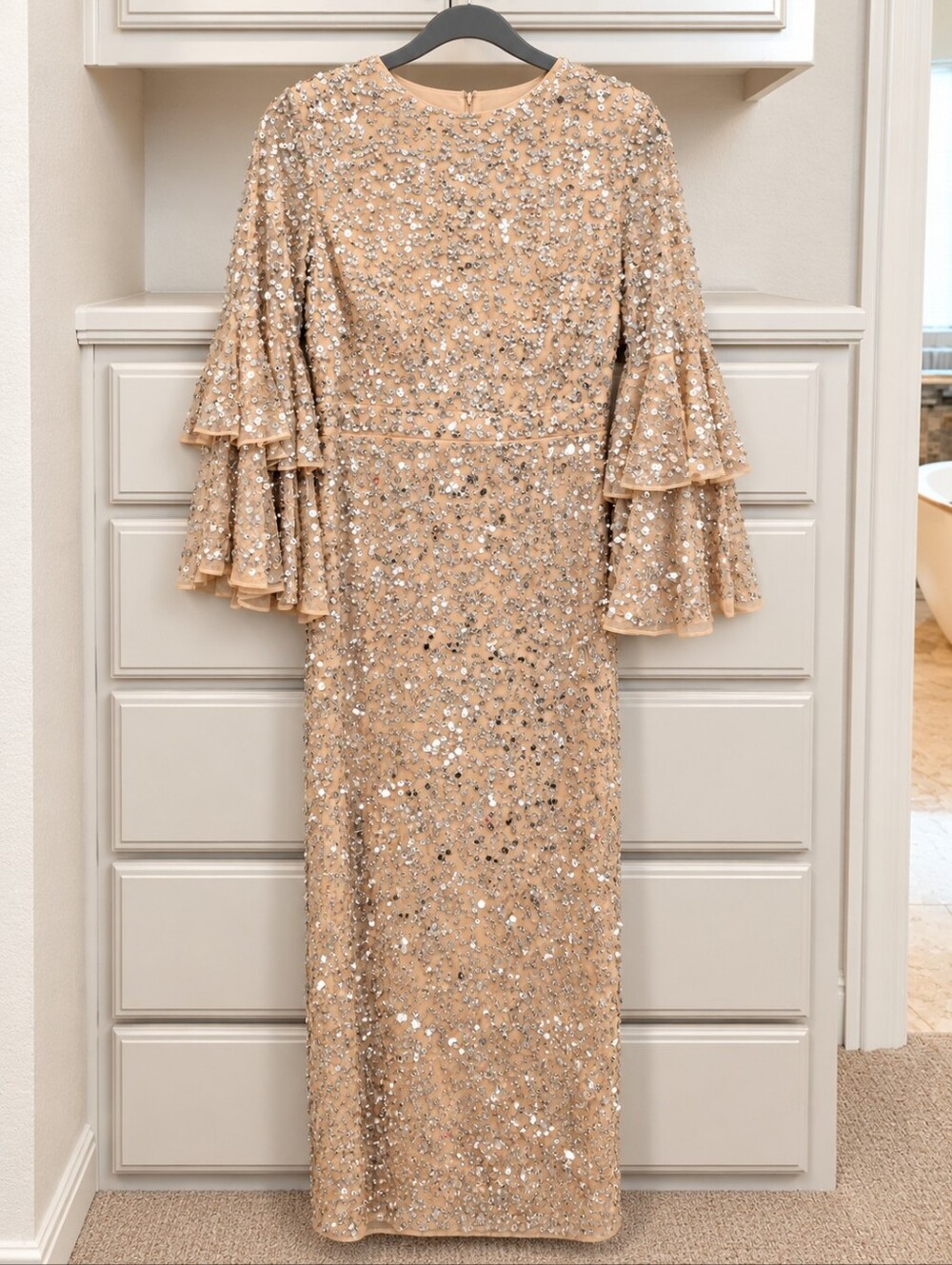Mac Duggal Champagne Sequin Maxi Dress with Tiered Bell Sleeves